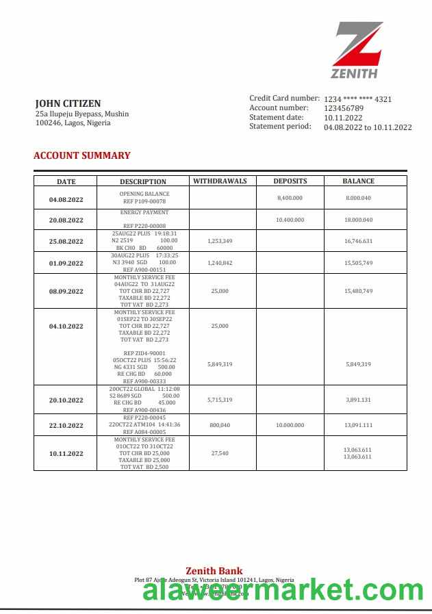 Nigeria Zenith Bank statement